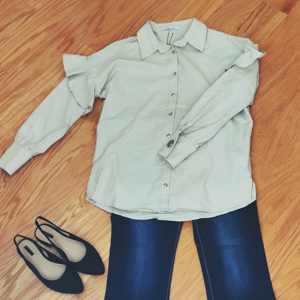 Ruffle Shoulders Button Down Shirt